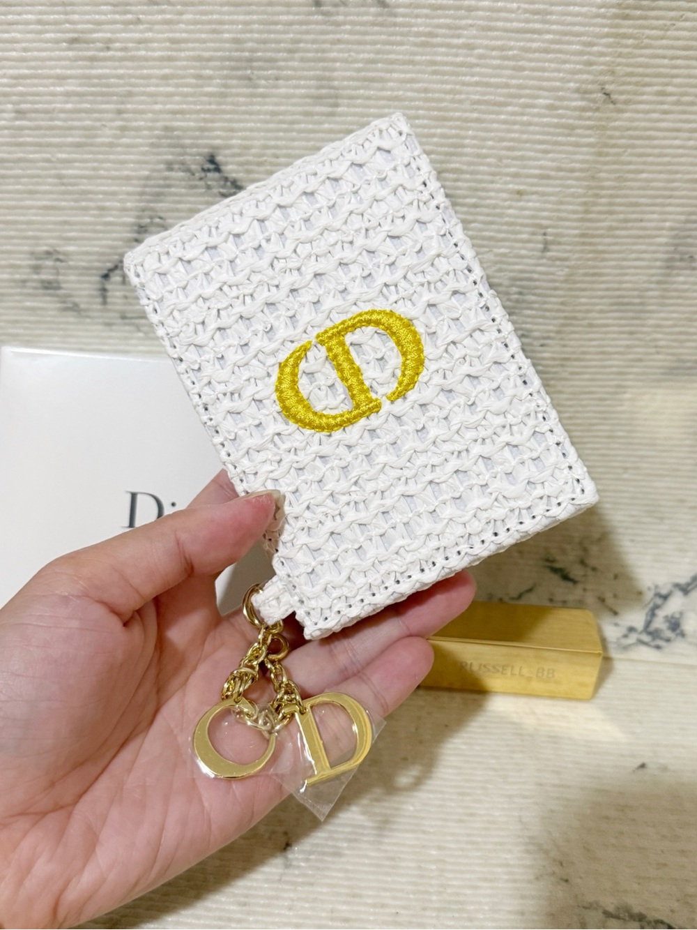Dior Beauty White Woven Raffia Mirror With Gold CD Charms